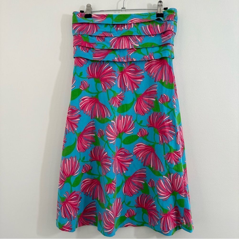 Lily Pulitzer Petula Blue Lime Pink Print Knit Jersey Strapless Mini Dress Small